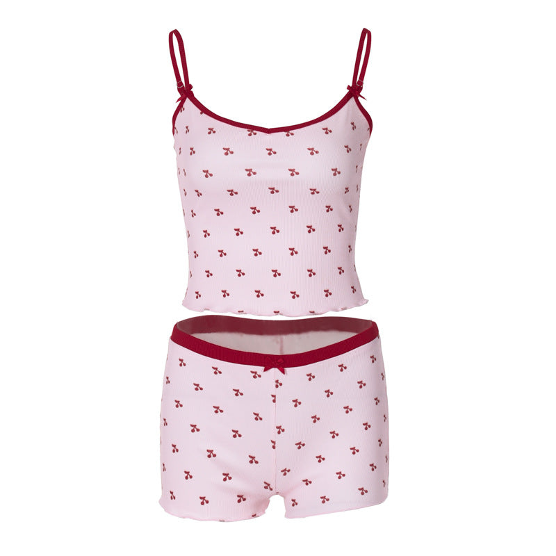 Cherry-printed Camisole T-shirt And Shorts Pajama Set