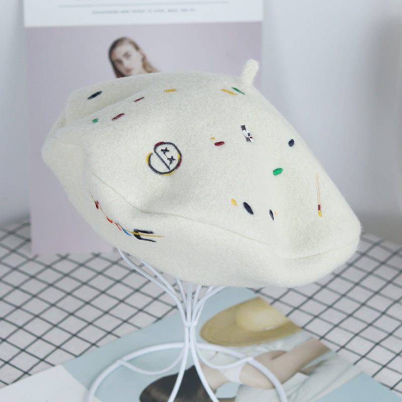 Stitched Ins Style Wool Knit Beret Women's Embroidered Hat