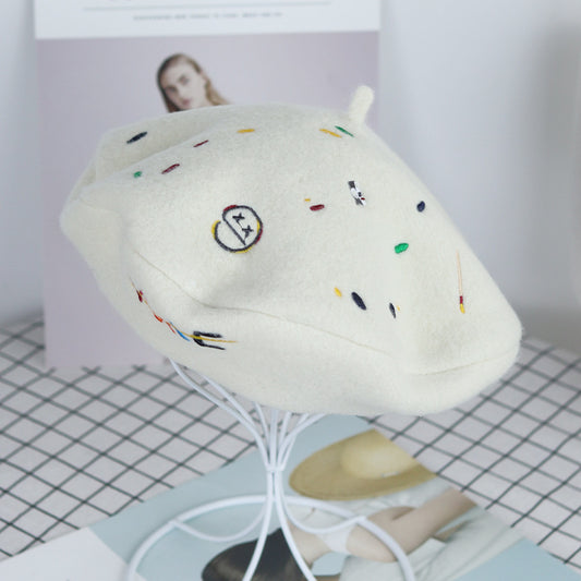 Stitched Ins Style Wool Knit Beret Women's Embroidered Hat