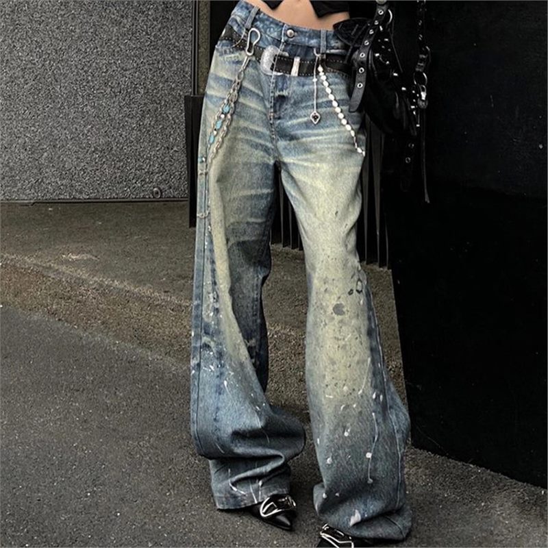 Splashed Ink-stained Jeans Female Chain Pendant Print Floor-dragging Pants