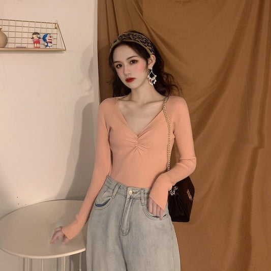 Pleated V-neck Knitted Bottoming Shirt Long Sleeve Sweater