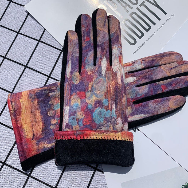 Autumn And Winter Fashion Trends Oil Painting Gloves AB Suede