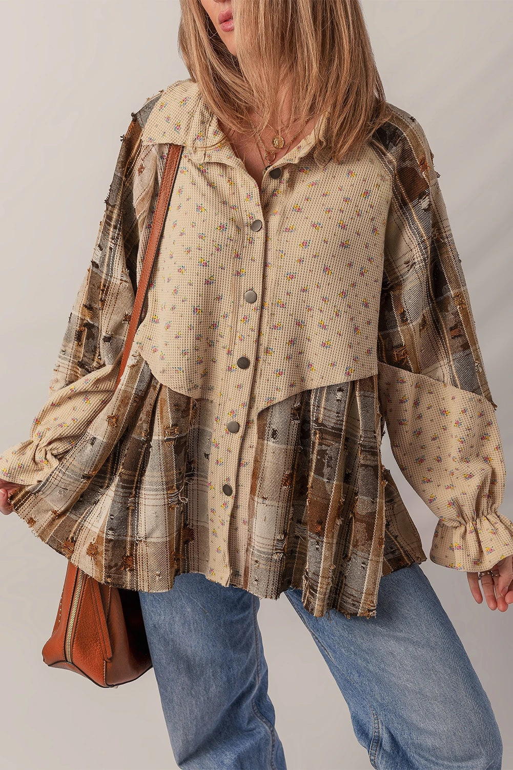 Women's Distressed Detail Ruffle Sleeve Plaid Shirt