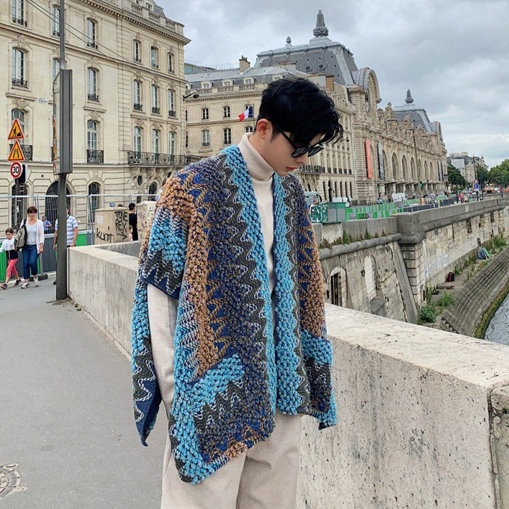 Fashionable Concave Shape Color Blocking Loose Shawl Sweater