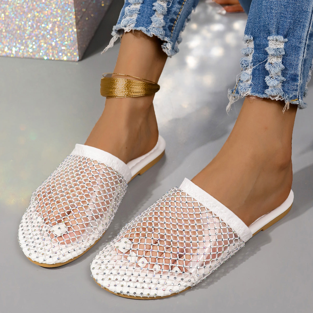 Hule Gennemsigtige Sandaler Med Rhinestones Sommer Mode Udendørs Hjemmesko Flade Sko Til Kvinder