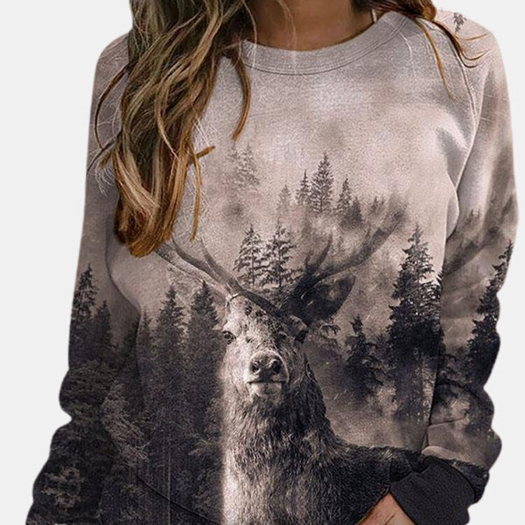 Dame T-shirt med rund hals, løs pasform og lange ærmer