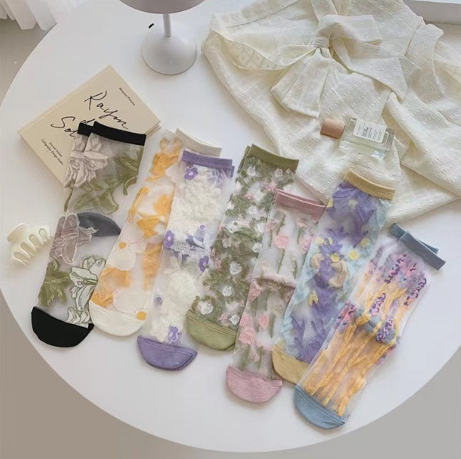 Spring And Summer Ultra-thin Breathable Retro Large Flower Spun Glass Mid-calf Socks Crystal Long Socks