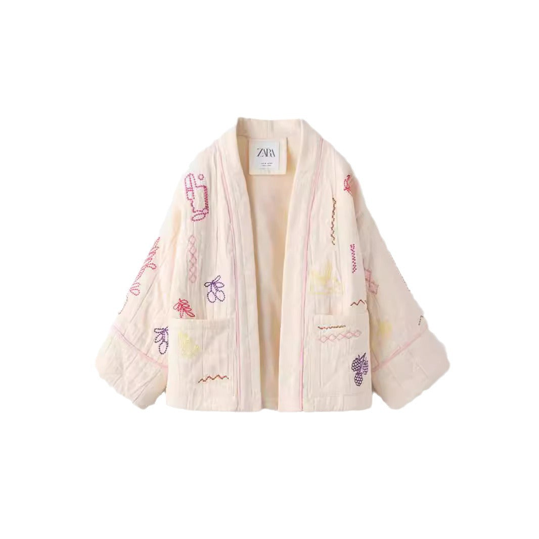 Afslappet All-match V-hals Frugtbroderi Kimono Jakke