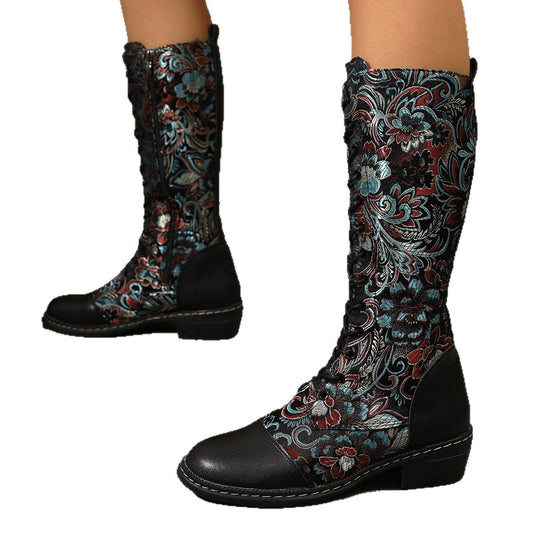 Womens Embroidered Ethnic-Style Chunky-Heel Boots