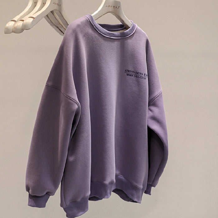 Fleece-lined Thick Lazy Round Neck Loose Sweatshirt Women