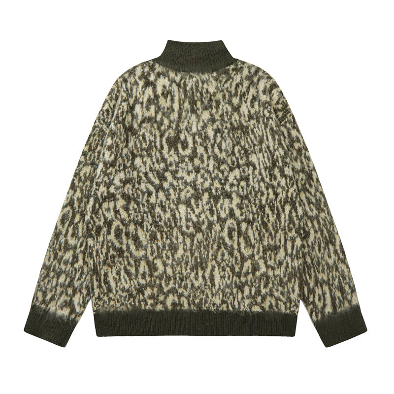 Double-headed Zipper Leopard Cardigan Sweater American Retro