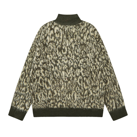 Double-headed Zipper Leopard Cardigan Sweater American Retro