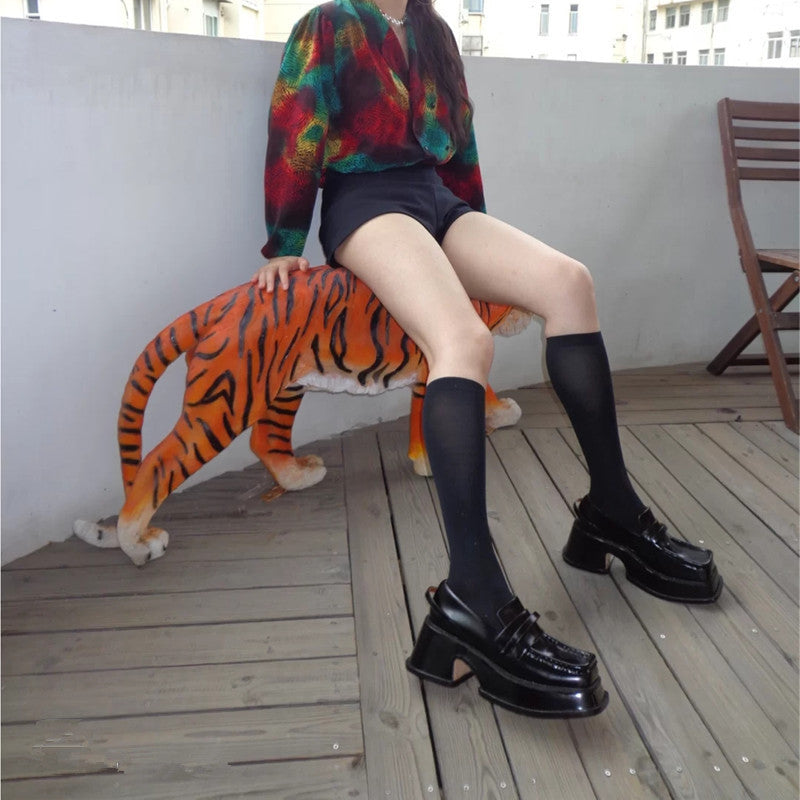 Women's British Style Retro Square Toe Platform Leather Shoes