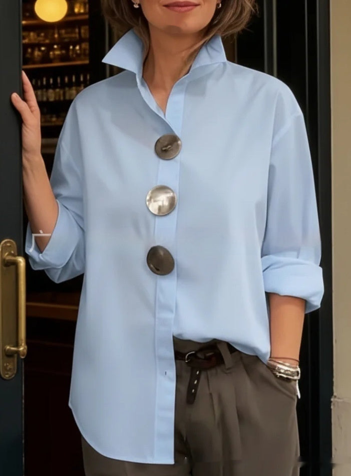Womens Solid-Colored Stand-Up Collar Metal-Button Long-Sleeve Shirt