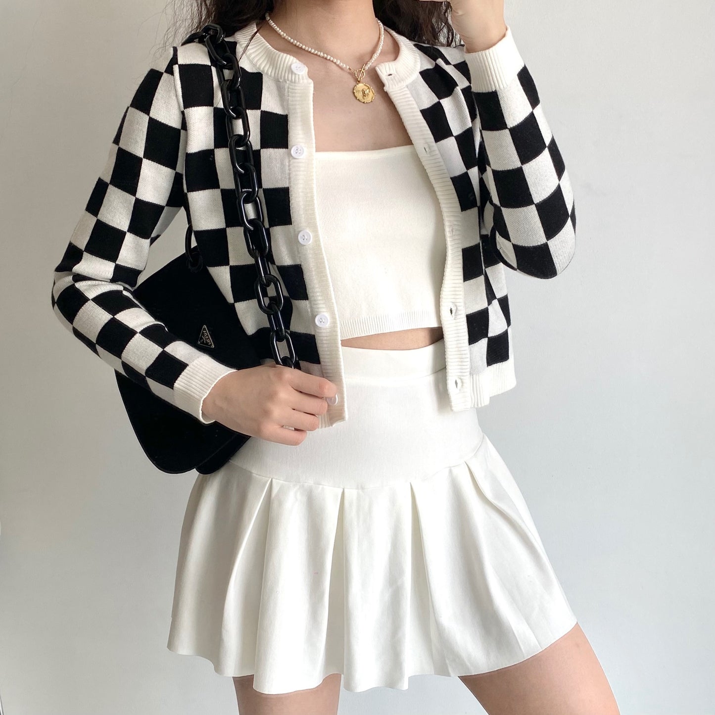 Vintage Black And White Check Knit Cardigan