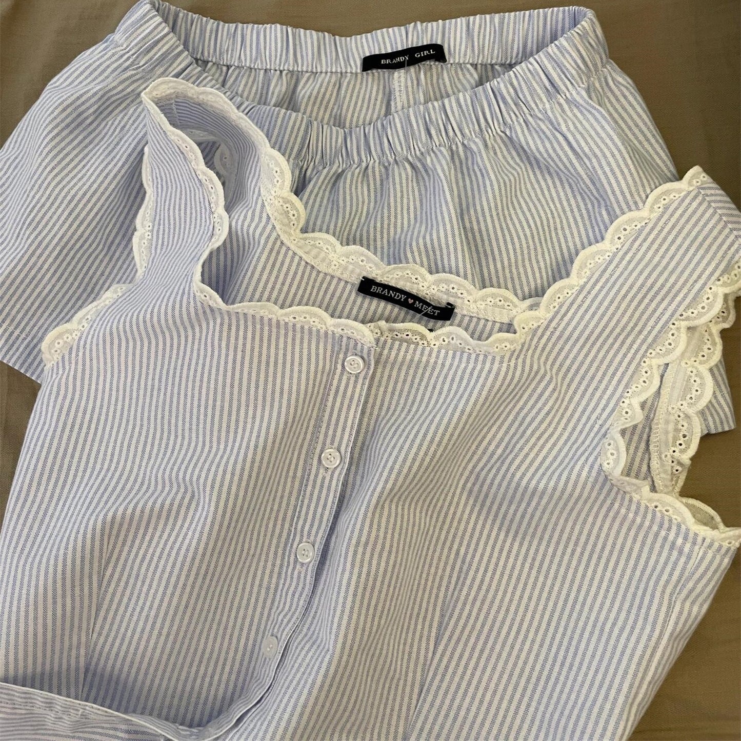 Women's Striped Lace-Trimmed Tank Top And Shorts Set
