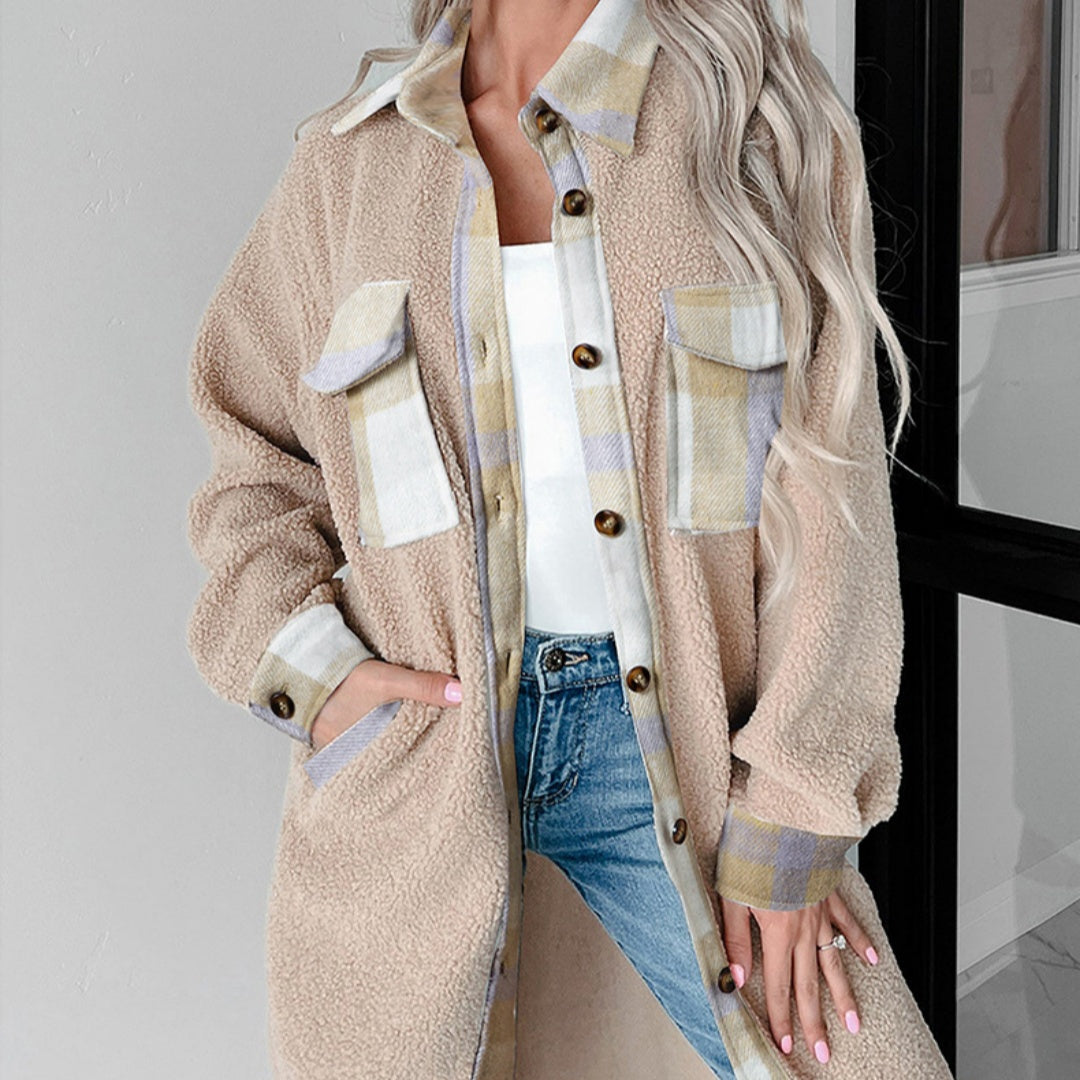 Women's Fashion Colorblock Plaid Warm Single-breasted Woolen Coat