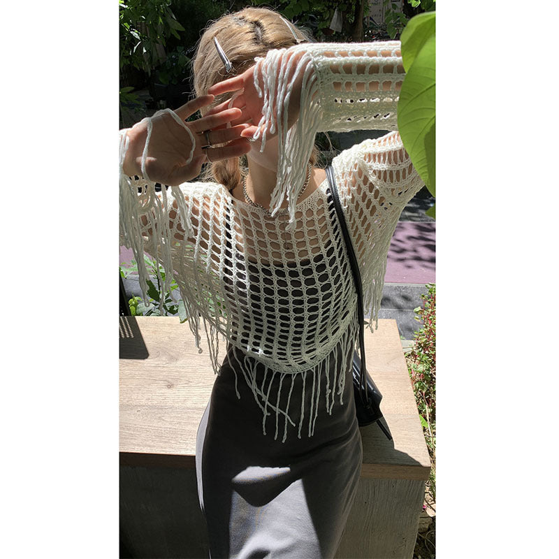 White Cropped Blouse With Fringed Top