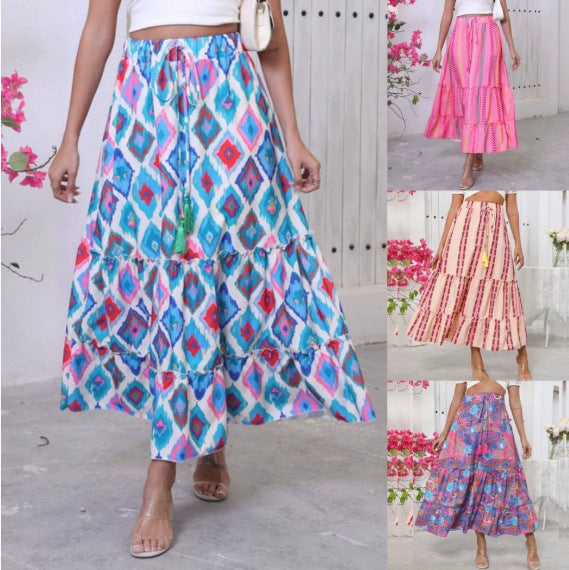 Bohemian Resort Style Beach Wide Printed Skirt