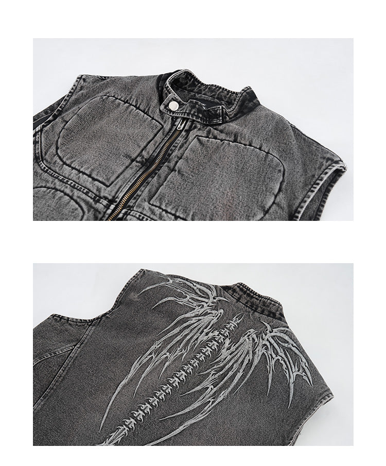 Dorsal Spine Wings Embroidery Short Denim Vest Coat