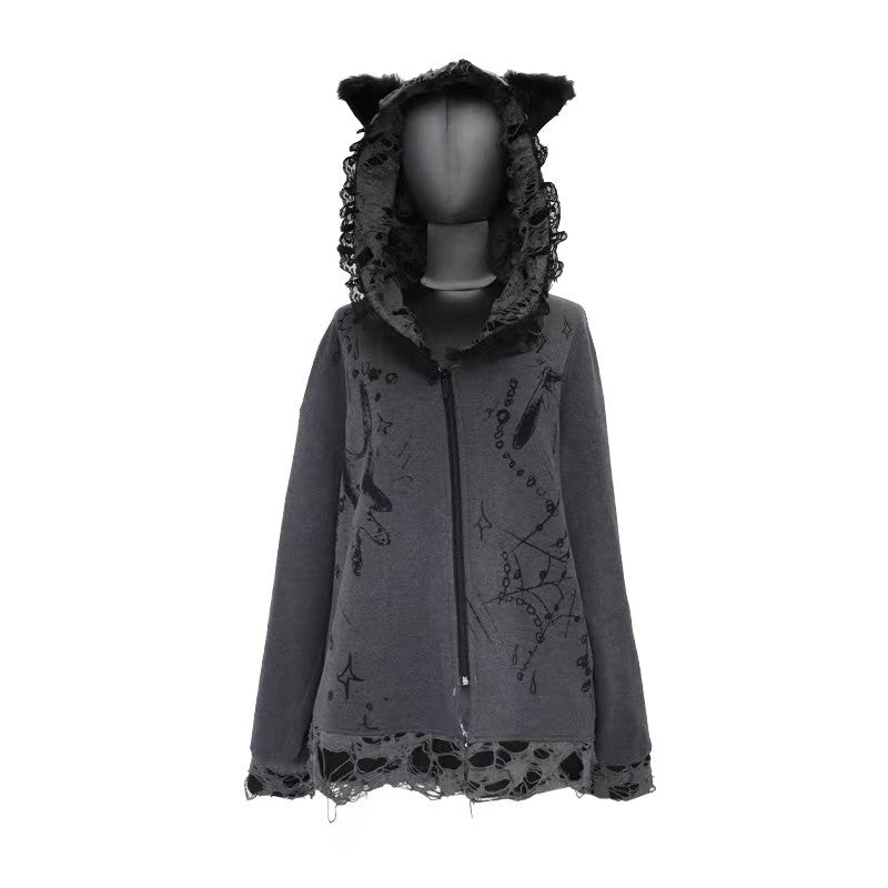 Dark Subculture Hooded Zip Ripped Sweatshirt Jacket