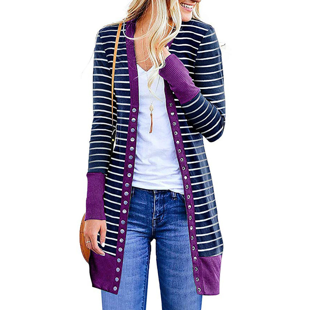Efterår og vinter Plus Size moderigtig stribet cardigan til kvinder i mellemlængde med knapper