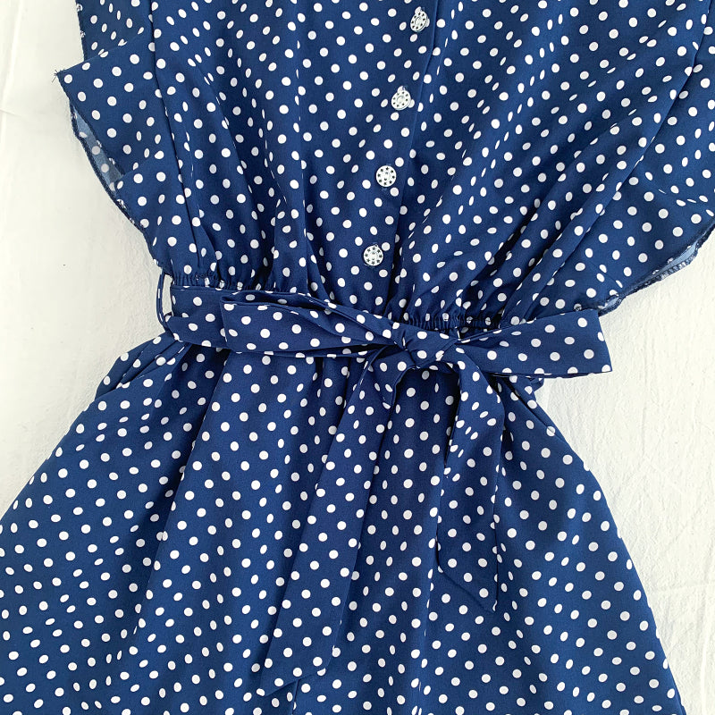 Versatile V Neck Polka Dot Flying Sleeves Lace Up Jumpsuit Wide Leg Pants Shorts