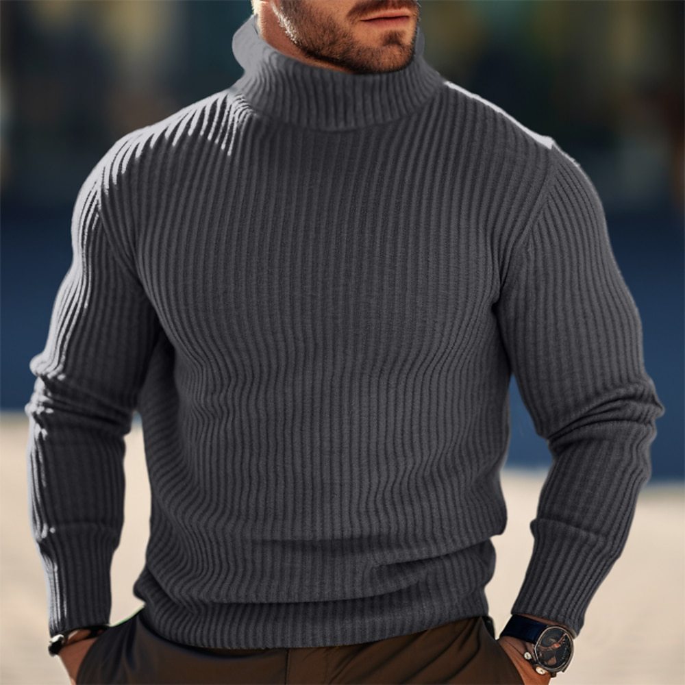 Efterår Og Vinter Turtleneck Ensfarvet Stribet Sweater Mænd