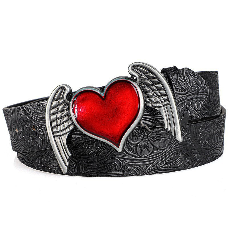 Punk-style Personalized Retro Embossed Heart-buckle A Versatile Edgy Goth Dark Leather Belt
