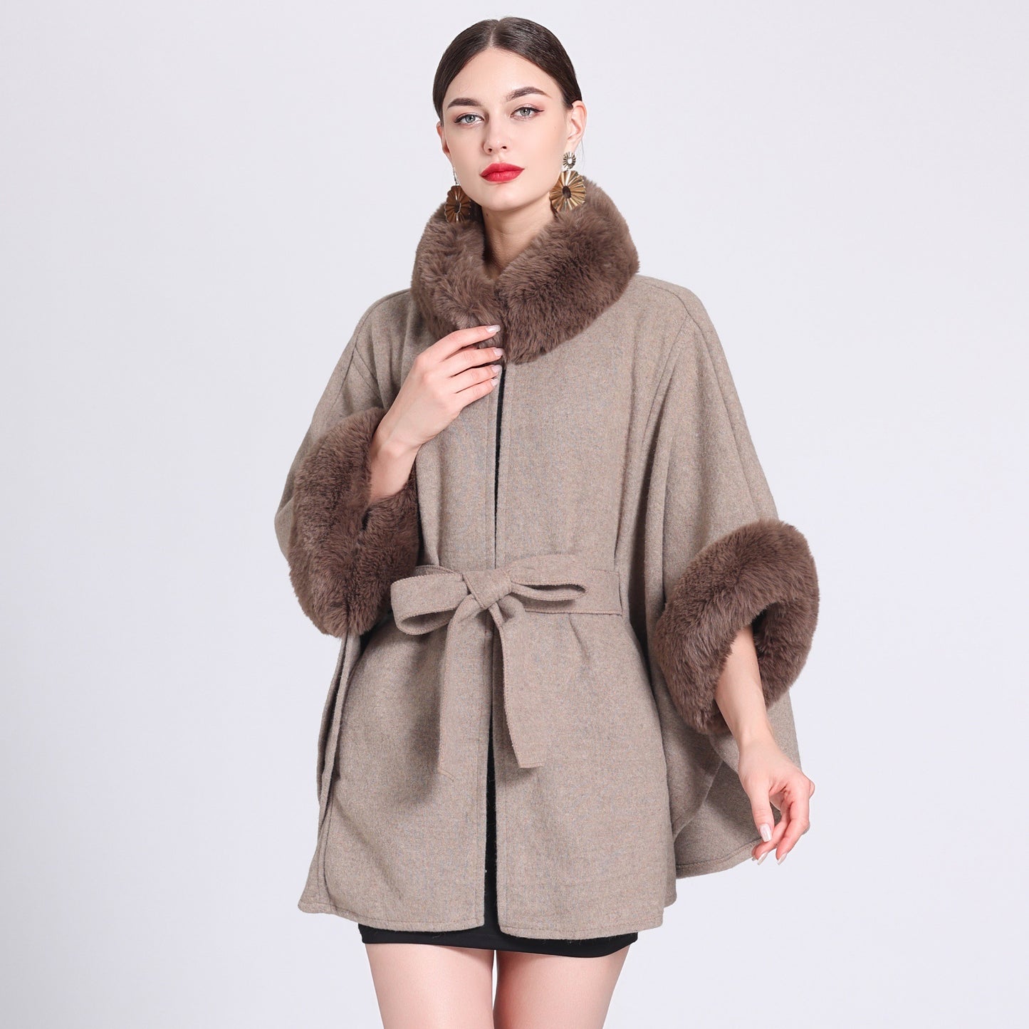 Rabbit Fur Collar Knitted Shawl Cape Lace-up Woolen Coat