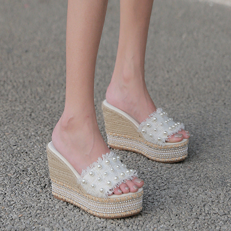 Hemp Rope Rhinestone Sponge Cake One-line Slippers For Women