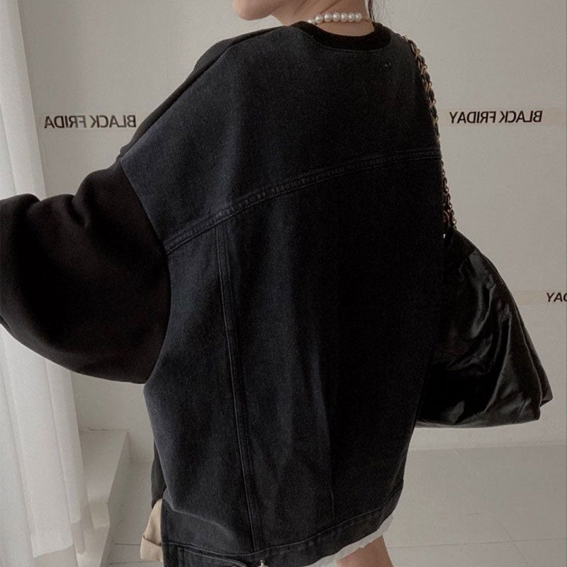 Afslappet langærmet denim-patchwork sweater til kvinder