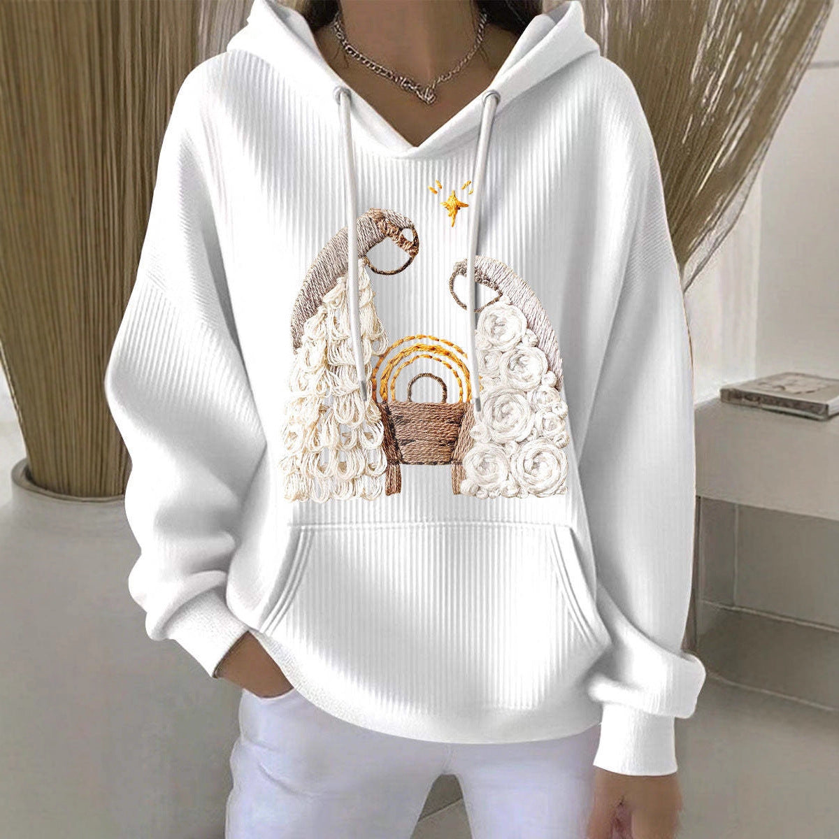Kvinders afslappede løse mode-waffle-sweatshirt med rund hals