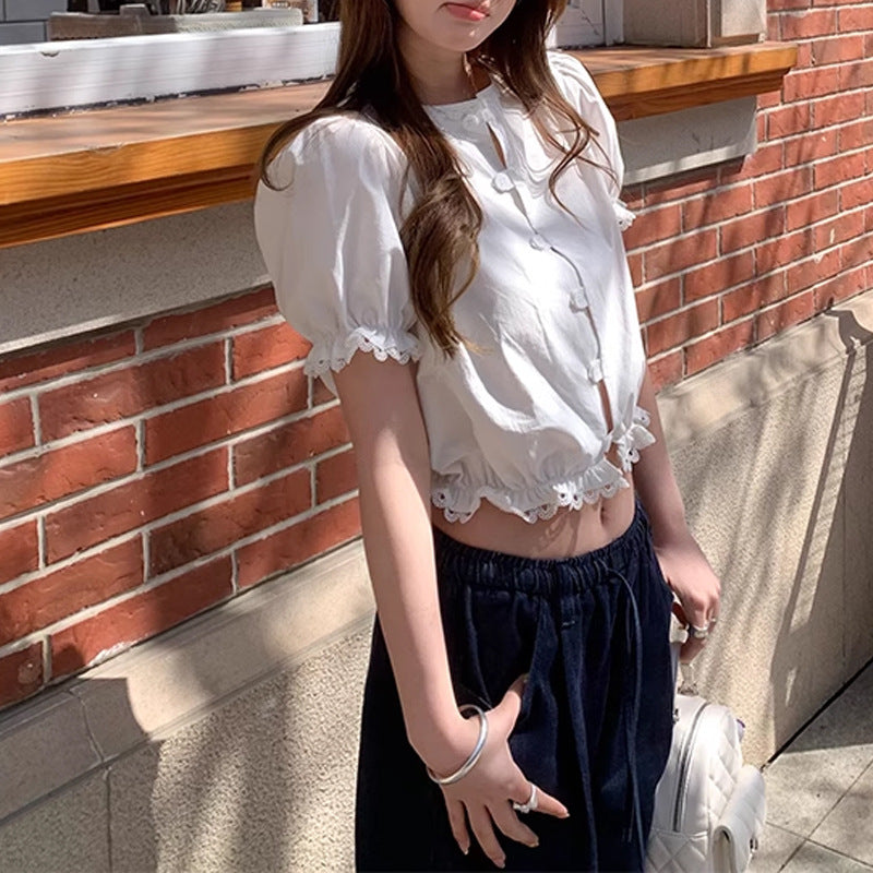 Light Lace Hollow-out Short Bud Top Short Sleeve