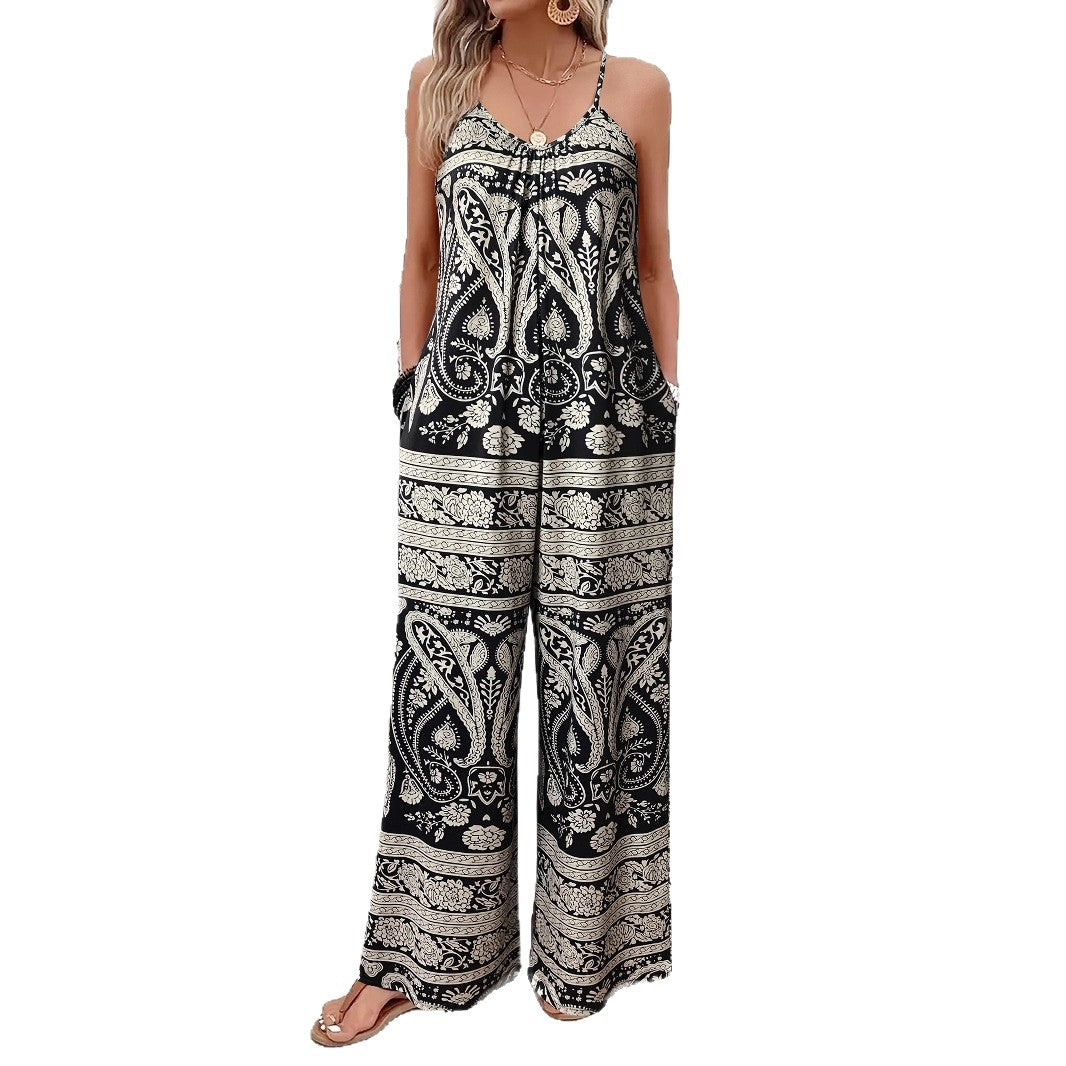 Paisley-mønstret sling jumpsuit til kvinder med brede ben