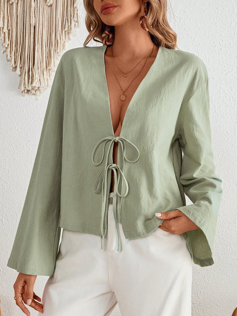 Womens Casual Loose V-Neck Hollowed Solid-Color Shirt