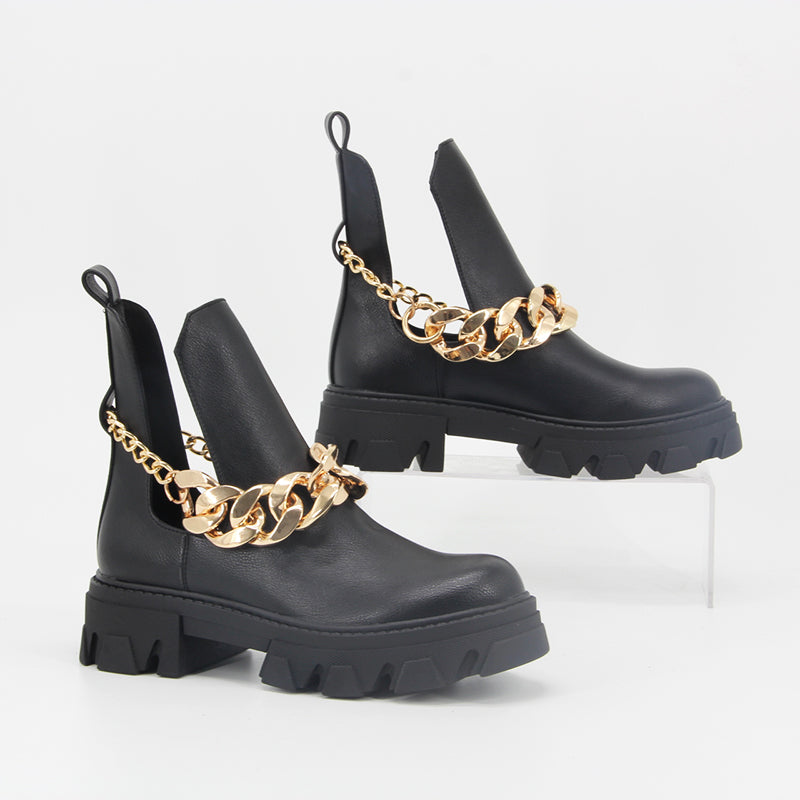 Chain Embellished Punk Style Low Round Toe Sleeve Ankle Boots