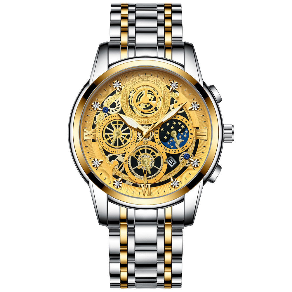 Men's Fashion Watch Hollow Flywheel Rhinestone Waterproof Sun Moon Stars