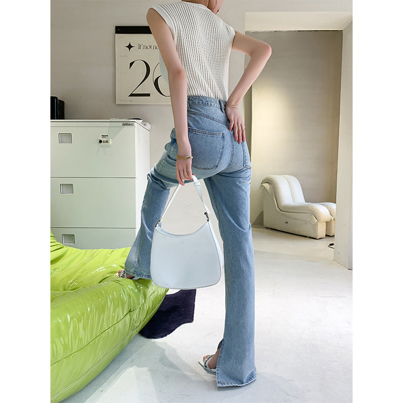 Side Slit High Waist Women's Slim Yuppie High Street Cotton Slim Jeans