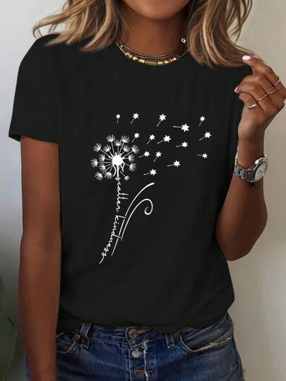 Dandelion Butterfly Pattern Round Neck Short Sleeve