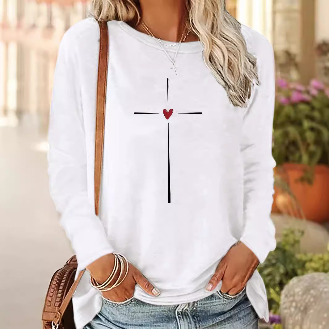 Trykt rundhals langærmet afslappet sweatshirt i plus size