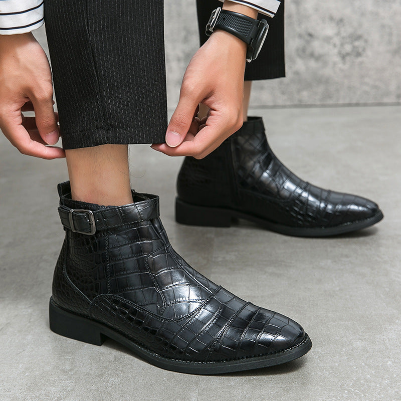 Men's Crocodile Pattern Boots Fashion Pointed Toe Low Square Heel Buckle Zipper Ankle Boots Business Formal Leather Shoes