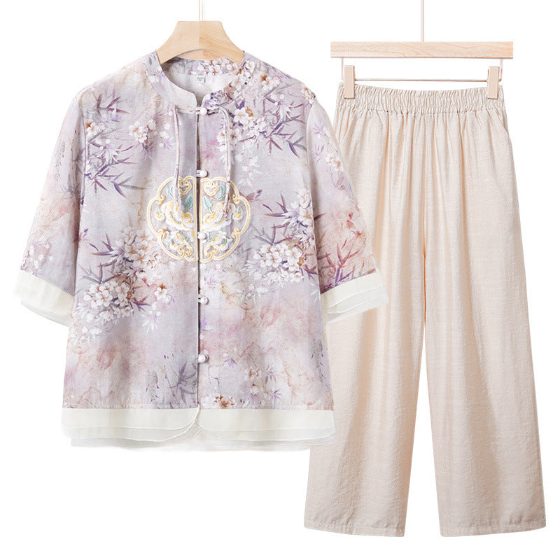 Mom New Spring And Summer Wear National Style Small Shirt Two-piece Set