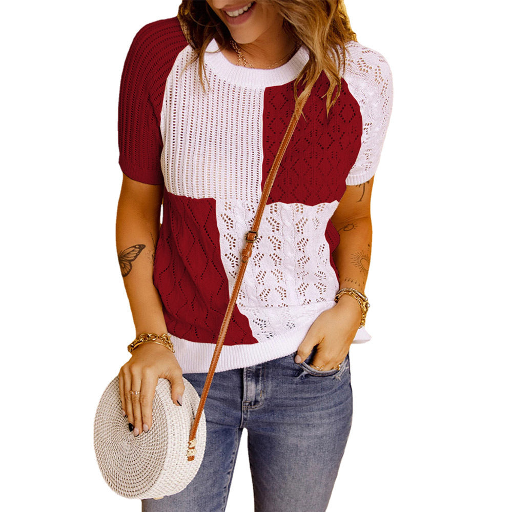 New Fashion European And American Color-blocking Knitted Short-sleeved T-shirt Top Knitted Sweater