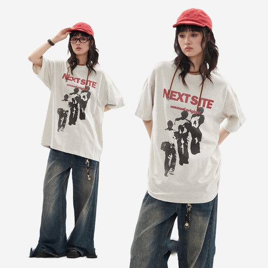 Character Abstract Graphic Print Crew Neck Short Sleeve