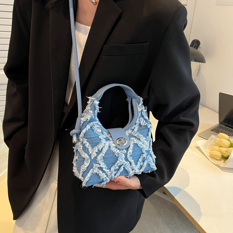 Women's Denim One Shoulder Cross Body Crescent Bag New Trend Tassel