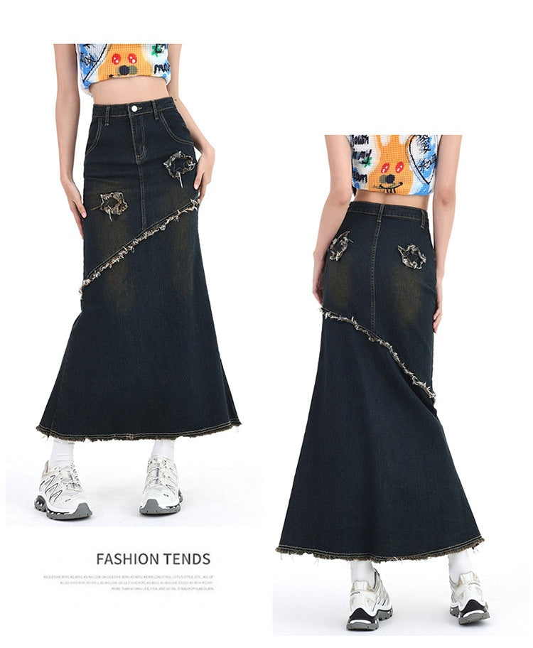 Retro Hot Girl High Waist Stretch A- Line Denim Skirt Women's Mid-length