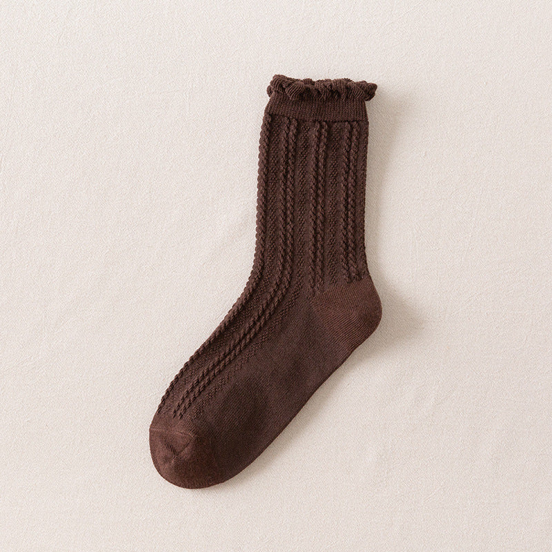 Autumn Japanese Solid Color Ins Lace Bubble Cotton Breathable Mid-calf Socks