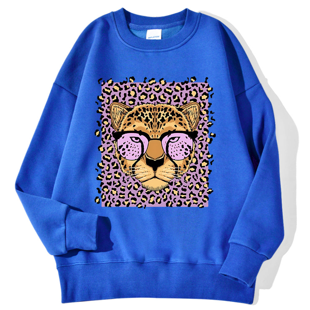 Afslappet løs sweatshirt med fleecefor til kvinder med leopardprint