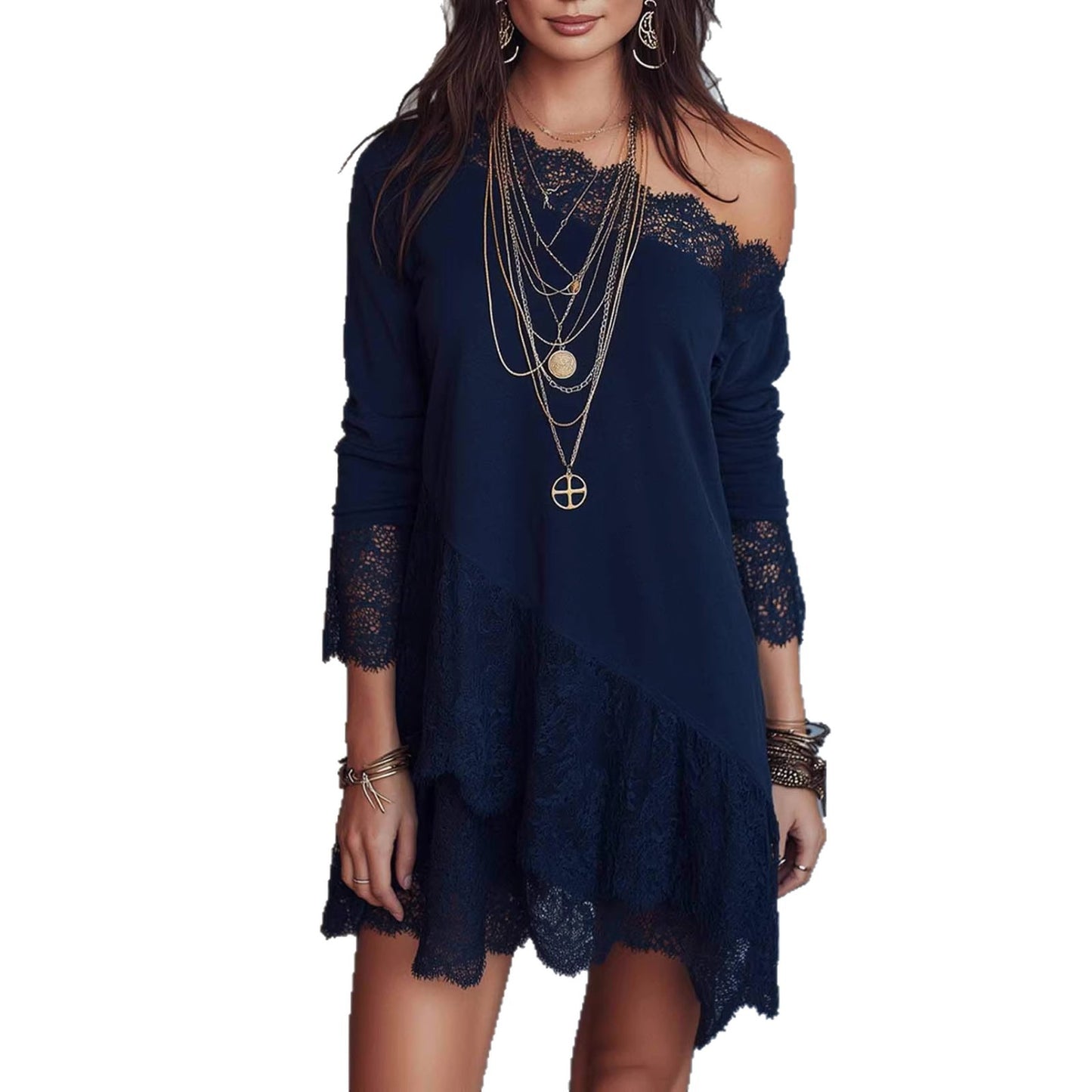 Casual Western-style Lace-Patchwork Loose Short Dress